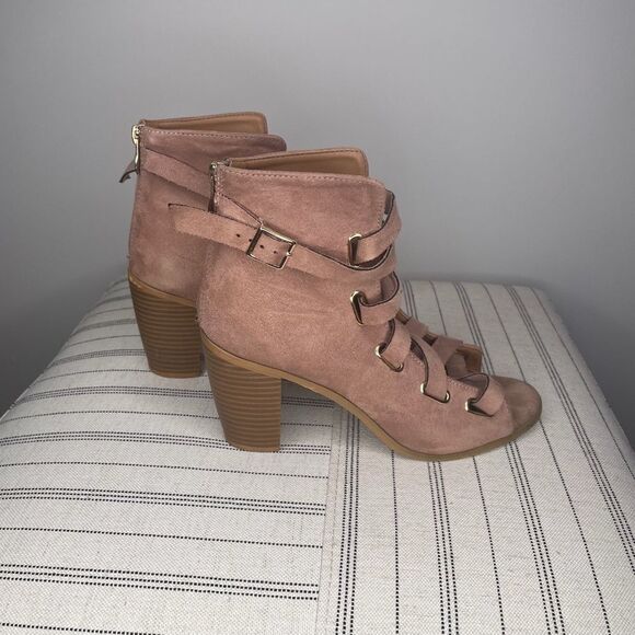 Qupid- Pink Suede Open Toe Heels - Picture 5 of 6